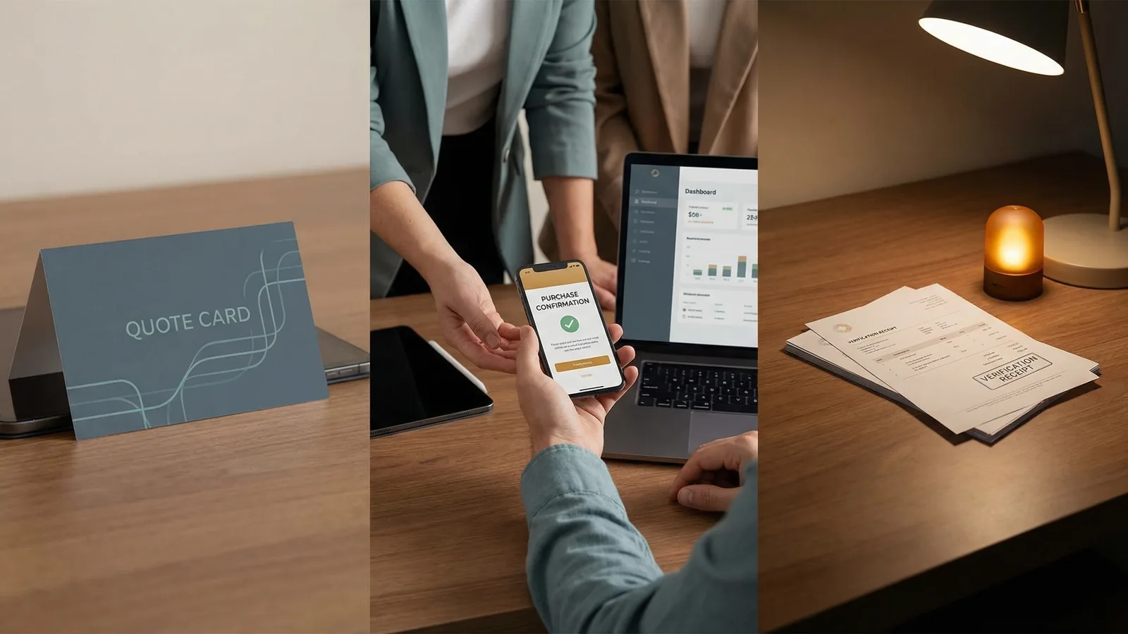 Step-by-step quote, purchase, and verification workflow board for agent commerce